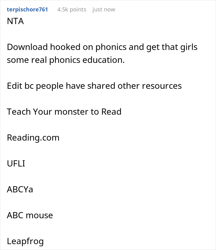 Screenshot of forum text recommending phonics resources for teaching a grandkid to read, related to free childcare perks.