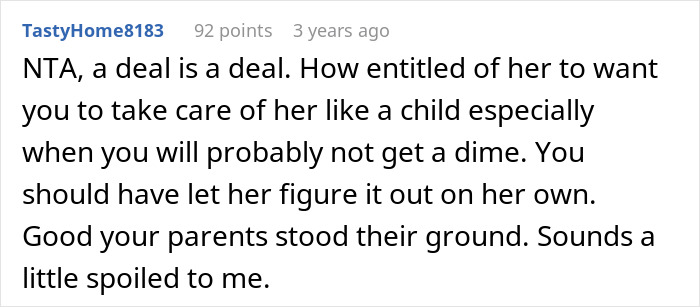 Screenshot of a Reddit comment discussing a woman refusing to house her sister over babysitting and cleaning issues.