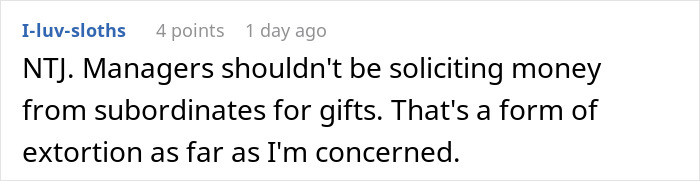 Screenshot of a forum comment discussing a woman refusing to contribute $50 to a coworker's retirement gift.