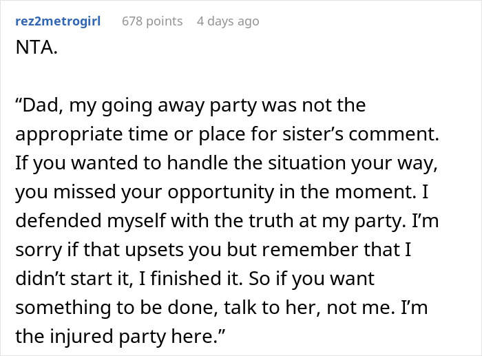 Text post showing a woman firing back after her sister insults her, making her husband embarrassed and kids confused.