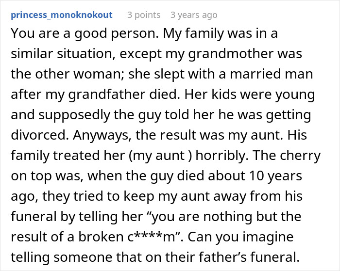 Reddit comment about family conflict after woman learns father had secret son, causing family to fall apart.