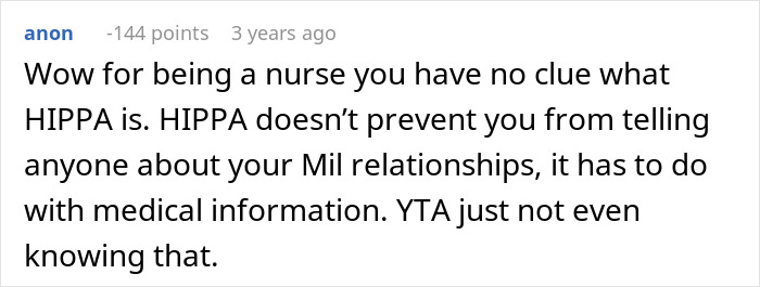 Comment discussing nurse's misunderstanding of HIPAA rules related to mother-in-law relationship confidentiality.