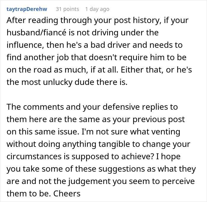 Alt text: Man's $500 insurance hike causes fianc&eacute;e stress and pushes her toward wanting to end the relationship and find an out.