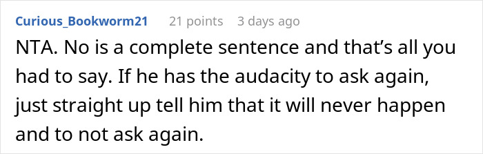 Comment from user Curious_Bookworm21 advising a woman on refusing to lend her new snow blower to a neighbor.