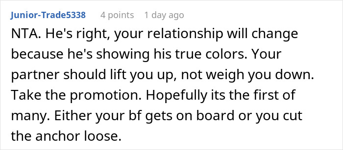 Screenshot of a forum comment discussing a woman stunned after her boyfriend admits her success threatens the life he pictured.