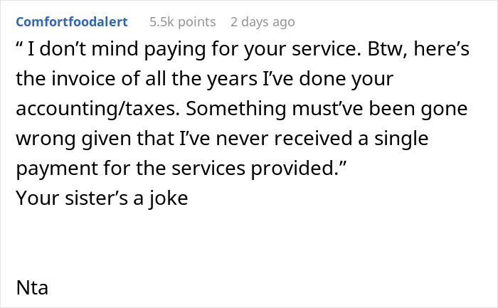 Reddit comment about a sister who refuses to plan a wedding and gets demoted to guest, expressing frustration and support.