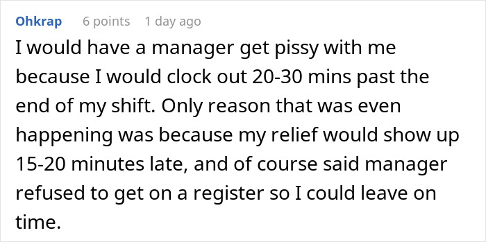 Comment about a manager losing it when a cashier complies with not working overtime during a crisis.