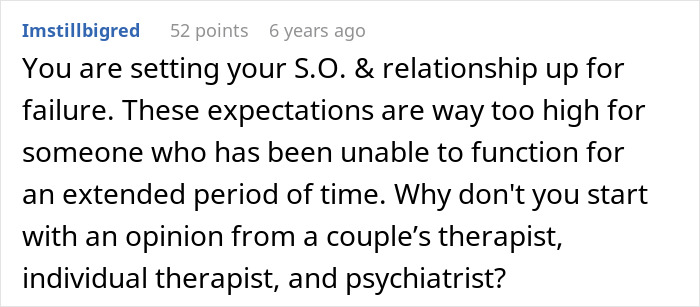 Reddit comment discussing relationship expectations and seeking advice from therapists and psychiatrists.