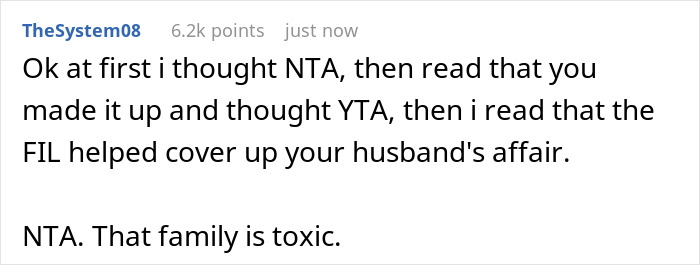 Screenshot of a Reddit comment discussing a cheating husband&rsquo;s mom defending him and in-laws conflict over an affair cover-up.
