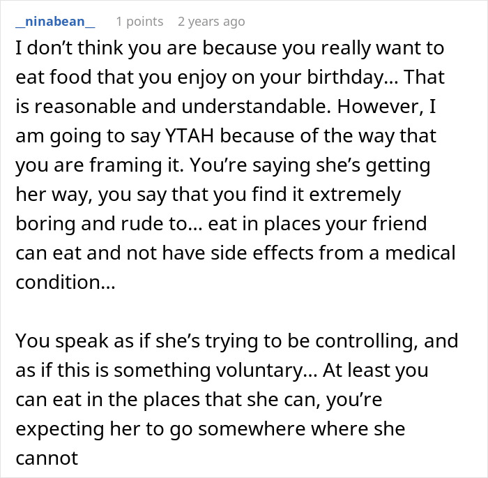 Comment discussing a woman tired of her friend's strict diet rules being enforced even at a birthday gathering.