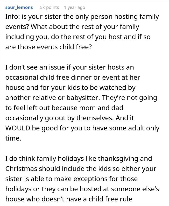 Comment discussing family events and child free rules related to woman telling family no kids allowed in her home.