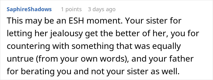 Comment text discussing a woman firing back after sister's insult, causing husband to go red and kids to be confused.