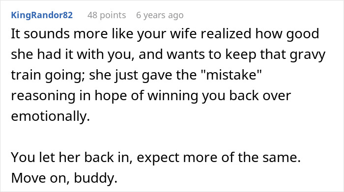 Screenshot of an online comment discussing a man giving his wife a second chance after she leaves and begs to come back.