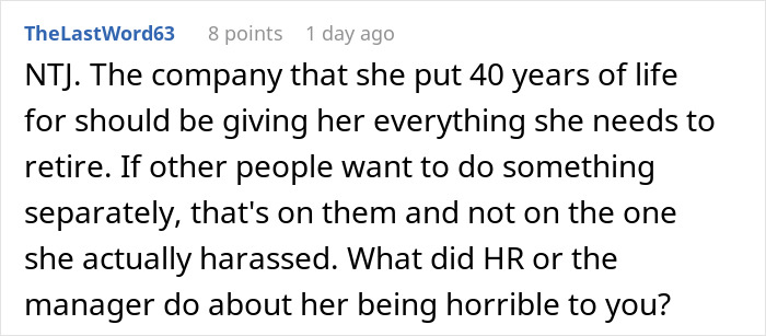 Screenshot of a Reddit comment discussing a woman refusing to contribute to a coworker’s retirement gift after mistreatment.