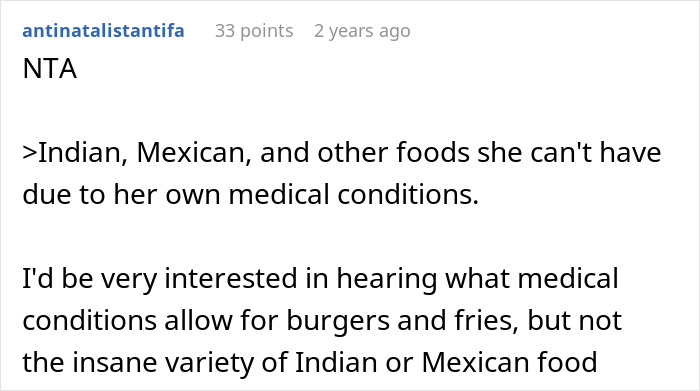 Screenshot of a Reddit comment discussing a woman tired of her friend&rsquo;s strict diet rules during social occasions.