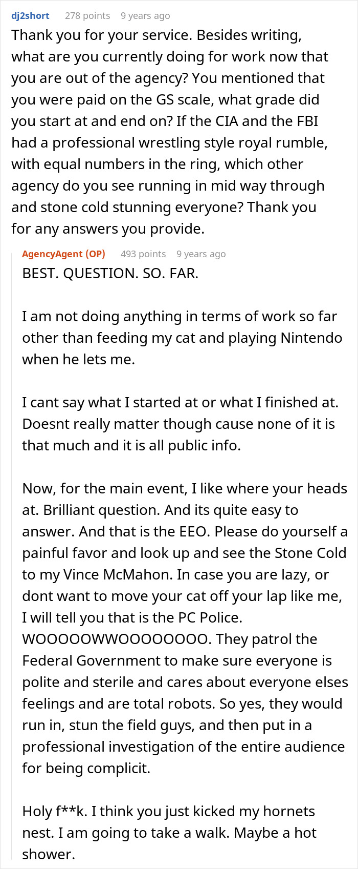 Reddit Q&A conversation with a former CIA case officer answering questions in an AMA session.