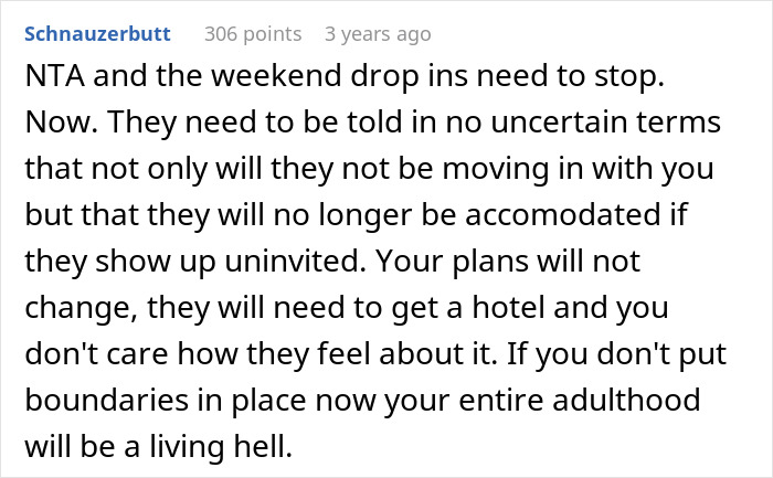 Text post discussing a woman fed up with in-laws constantly showing up unannounced and panicking over moving in requests.