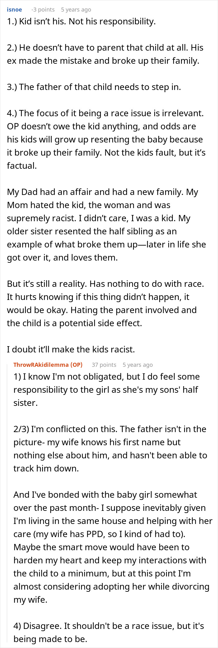 Comment thread discussing wife's secret exposed after birth of a black child and husband's conflict over divorce decision.
