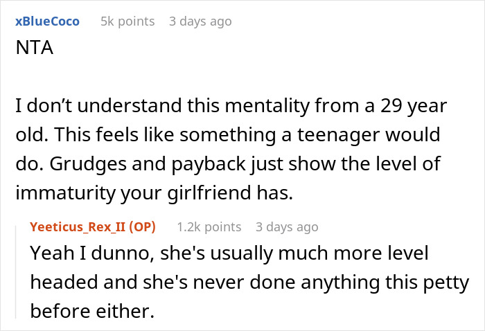 Screenshot of an online conversation discussing a woman upset her boyfriend likes her gift as she expected a breakup.