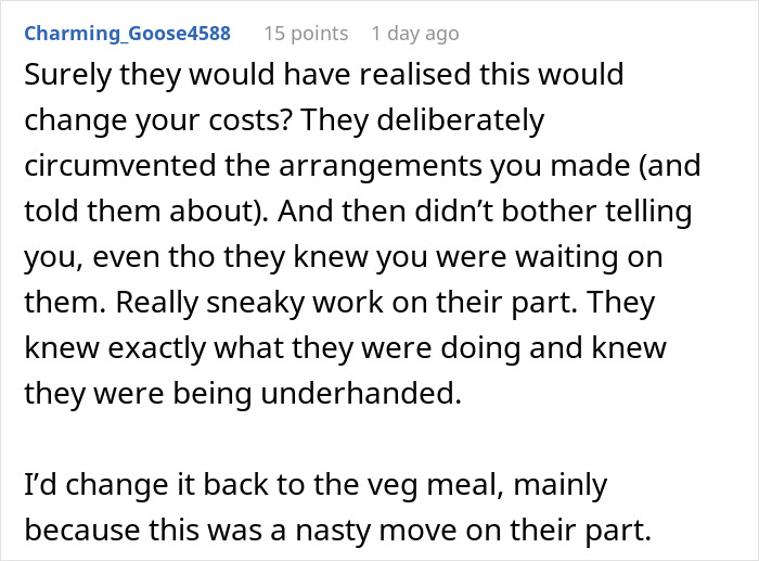 Reddit comment discussing a woman secretly contacting caterers to avoid vegetarian meal at friend's wedding. Reddit comment discussing a woman secretly contacting caterers to avoid vegetarian meal at friend's wedding.