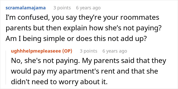 Screenshot of a Reddit conversation discussing confusion over roommate&rsquo;s parents using a spare key and acting like babysitters.