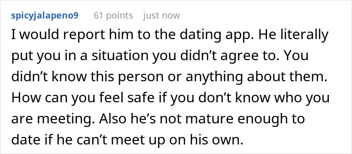 Screenshot of a Reddit comment discussing a nervous guy bringing his bestie as a chaperone on a first date.