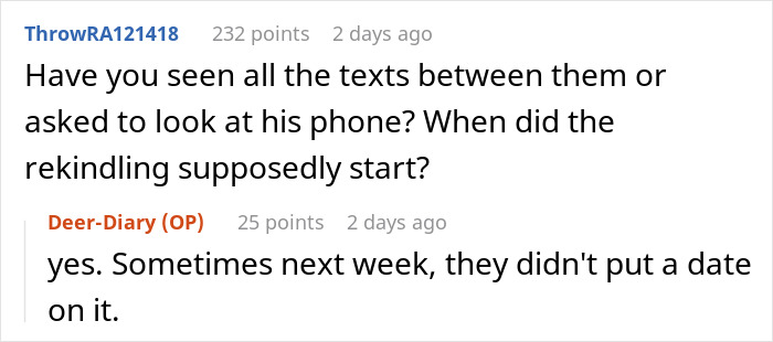 Screenshot of a Reddit conversation discussing texts between a married man and a woman he loved 15 years ago.