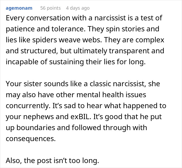 Text excerpt discussing a woman going berserk on her brother for meddling with her parenting when kids called him for help.