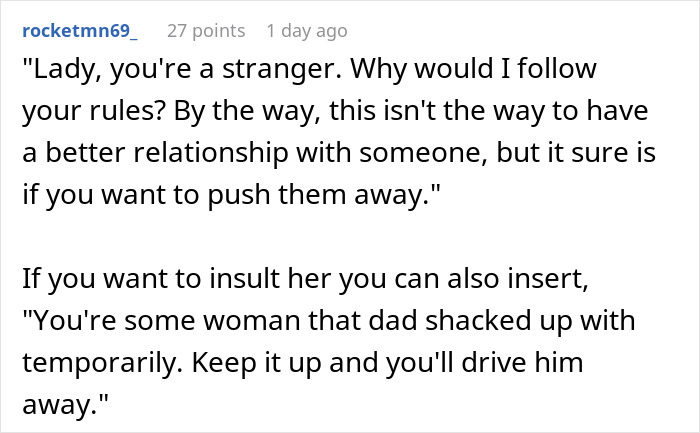 Comment discussing a woman trying to enforce family rules on boyfriend&rsquo;s son who doesn&rsquo;t live with them.