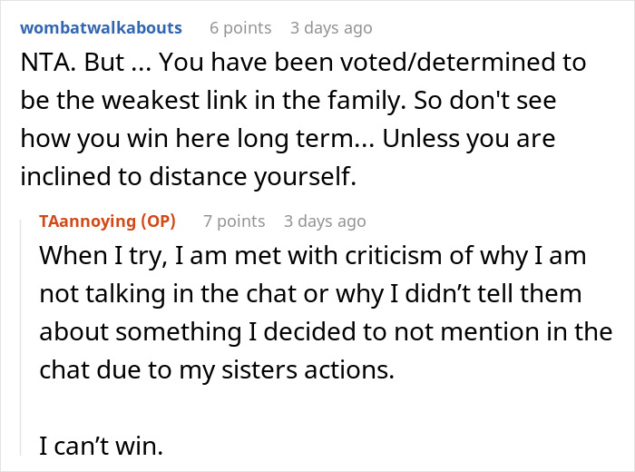 Screenshot of an online discussion about a mom not letting sister have one conversation to herself, mentioning her kids repeatedly.
