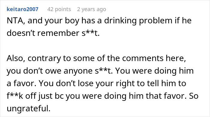 Screenshot of an online comment discussing a drunk boyfriend refusing to stop acting like a jerk.