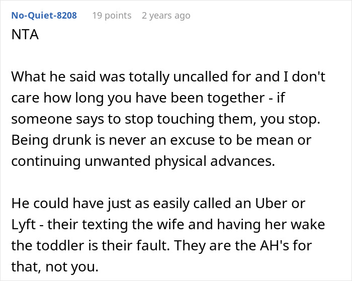 Alt text: Screenshot of a Reddit comment discussing a drunk boyfriend refusing to stop unwanted behavior and a woman’s response.