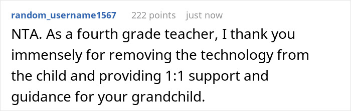Comment highlighting a teacher&rsquo;s support for providing one-on-one guidance and removing technology for a grandchild&rsquo;s learning.