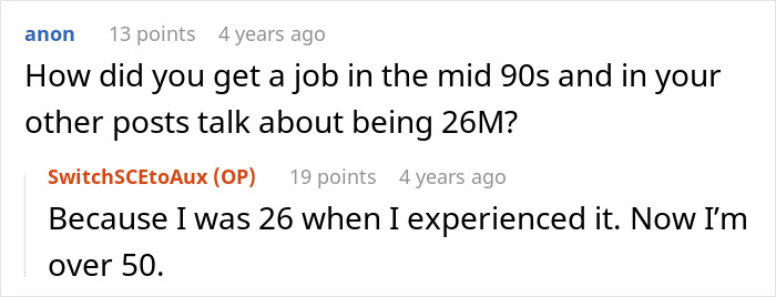 Screenshot of a job forum discussion where an employee explains being 26 when experiencing workplace issues.