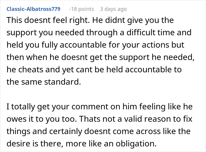 Reddit comment discussing a cheating husband and fair therapist offering a reality check on relationship issues.