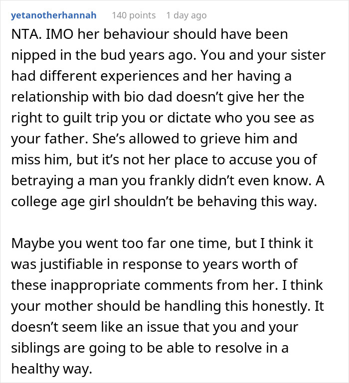 Comment discussing sister's reaction when teen calls stepdad dad and suggests therapy instead of screaming. Comment discussing sister's reaction when teen calls stepdad dad and suggests therapy instead of screaming.