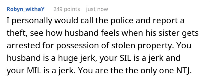 Comment about reporting theft after mom-to-be finds nursery empty and husband gifted stroller to sister without discussion.