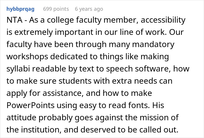 Comment highlighting importance of accessibility for colorblind student and calling out professor ignoring special needs.