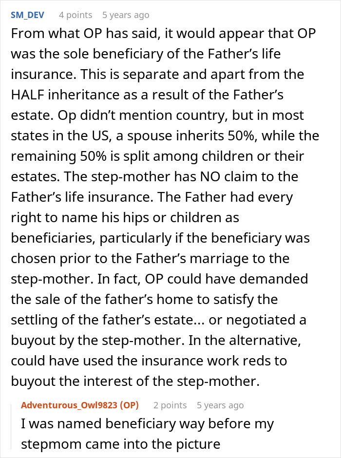 Comment discussing inheritance disputes involving a woman, her late husband's estate, and his daughter’s claims.