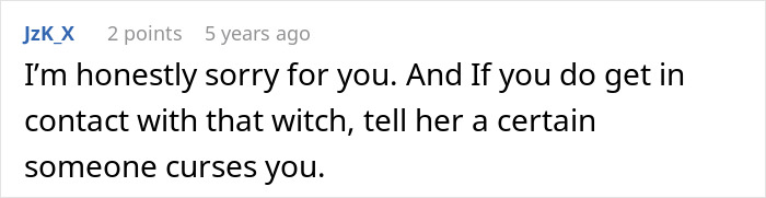 Comment text expressing sympathy and warning about woman going crazy over inheritance, trying to ruin late husband's daughter.