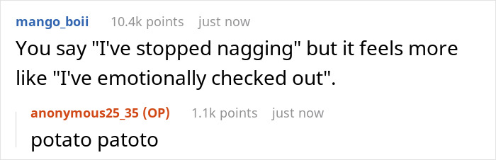 Screenshot of an online discussion about a wife realizing she won’t receive comfort from her husband and responds with same effort. Screenshot of an online discussion about a wife realizing she won’t receive comfort from her husband and responds with same effort.