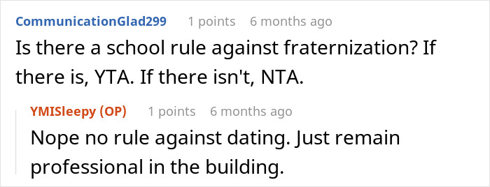 Screenshot of an online discussion about school rules on fraternization and professional conduct among teachers.