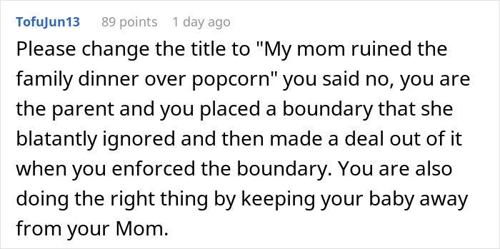 Comment discussing a family dinner conflict caused by a rude mother ignoring boundaries and affecting the baby&rsquo;s safety.