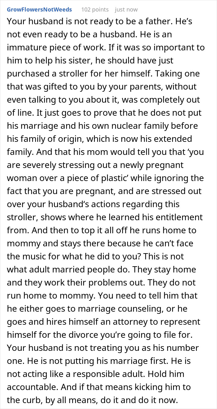 Comment discussing husband gifting stroller to sister without discussing with mom-to-be causing stress and marital issues.