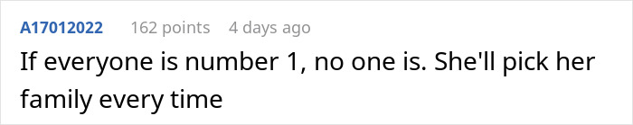 Screenshot of a Reddit post discussing feelings of being background in a relationship and family priorities.