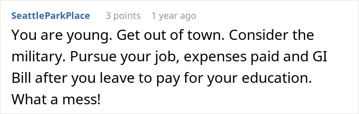 Comment suggesting a young teen consider military service to escape a horrible family and financial struggles.
