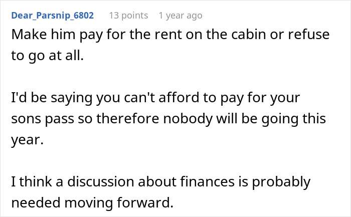 Screenshot of a forum comment advising financial discussion after partner leaves son without a ski pass.