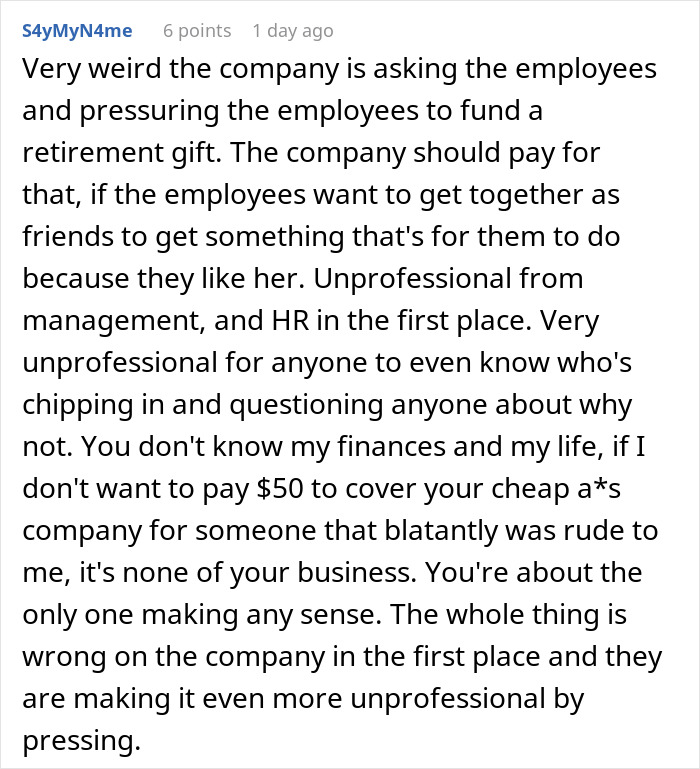 Comment text discussing a woman refusing to contribute $50 to a coworker's retirement gift after a negative work experience.