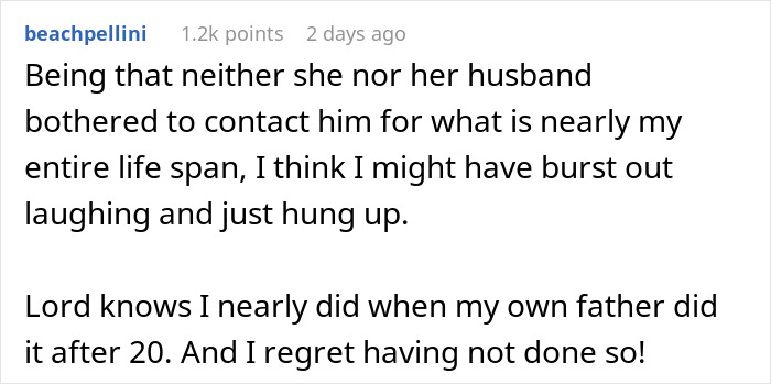 Comment discussing regret over lack of contact between mother and son after years of estrangement and reconciliation attempts.