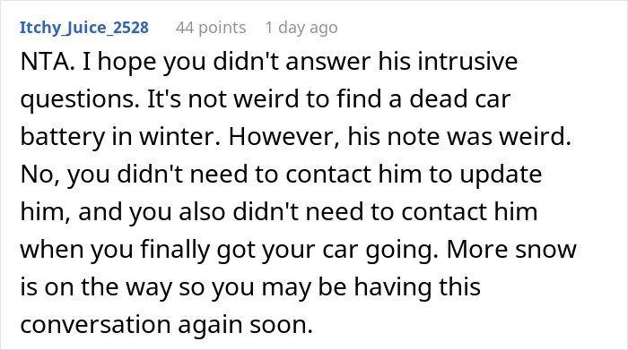 Reddit user discusses entitled guy frustrated over snow-free parking spot and neighbor refusing to move car during winter. Reddit user discusses entitled guy frustrated over snow-free parking spot and neighbor refusing to move car during winter.